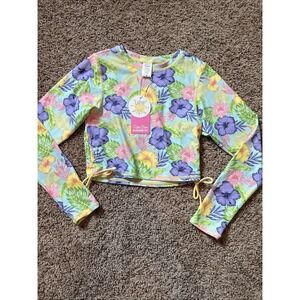 New Girls Ruffle Butts Cropped Rashguard  Sz 14  Aloha Flowers UPF 50+ Swim Top